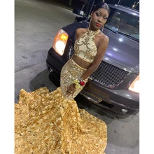 Платья для выпускного вечера в африканском стиле, с длинным высоким воротом, сексуальные, с блестками, из двух частей, вечернее платье, 3d цветочный рисунок, вечерние платья CP375