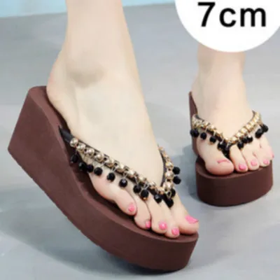 Brown black bead Женские шлепанцы ручной работы; туфли принцессы для девочек; женская пляжная обувь; цветная жемчужина; Вьетнамки; Zapatos De Mujer; домашние тапочки на танкетке - Цвет: Brown black bead