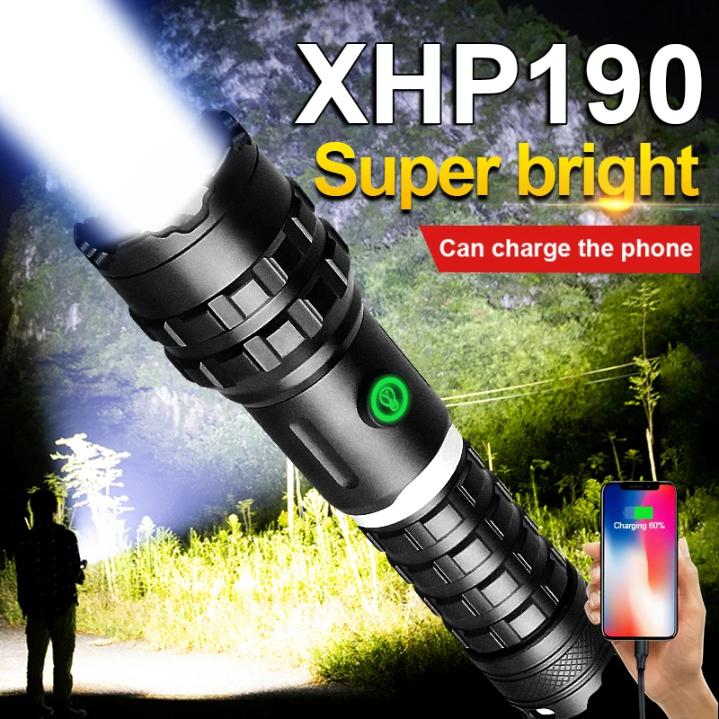 Мощный яркий фонарик XHP190 супер мощный перезаряжаемый светодиодный 26650