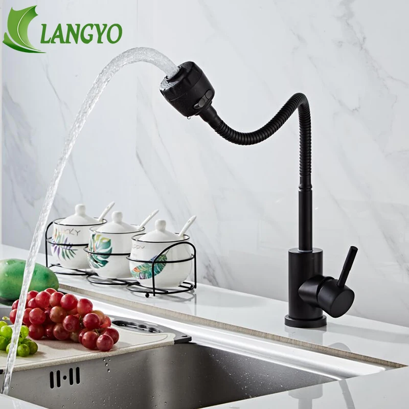 Kitchen Faucet Modern Style Flexible Kitchen Sink Mixer Faucet Taps Single Handle 304 Stainless Steel Black Cold and Hot Water