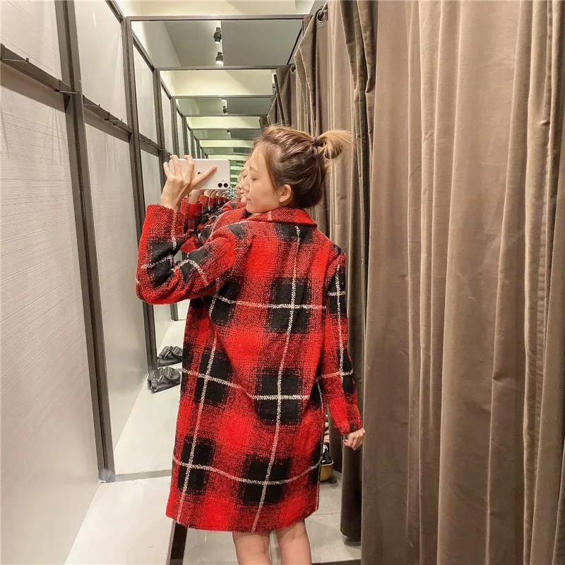 GCAROL New Women Check Overcoat Notched Collar Double Breasted Plaid Red Coat Oversize OL Office High Street Outfits