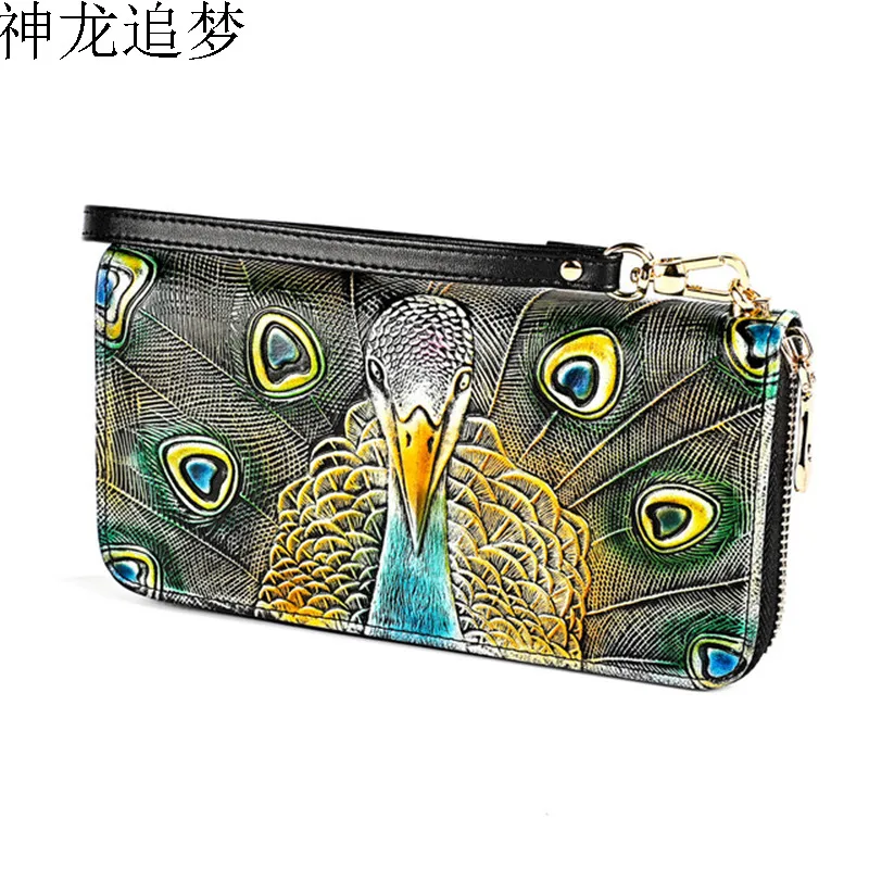 

Famous peacock design Ladies card holder wallet long rfid Genuine leather wallet fashion women cowhide Large capacity wallet
