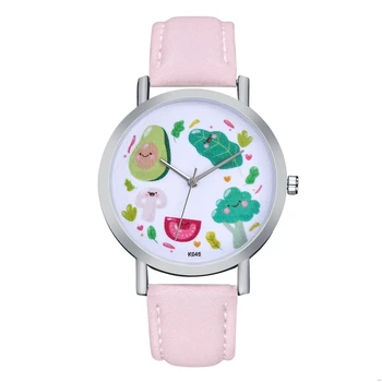 

Fashion Ladies Quartz Watch Girls Pink Leather Strap Cute Cartoon Fruit Pattern Alloy Dial Watches For Women Gift Couple Clocks
