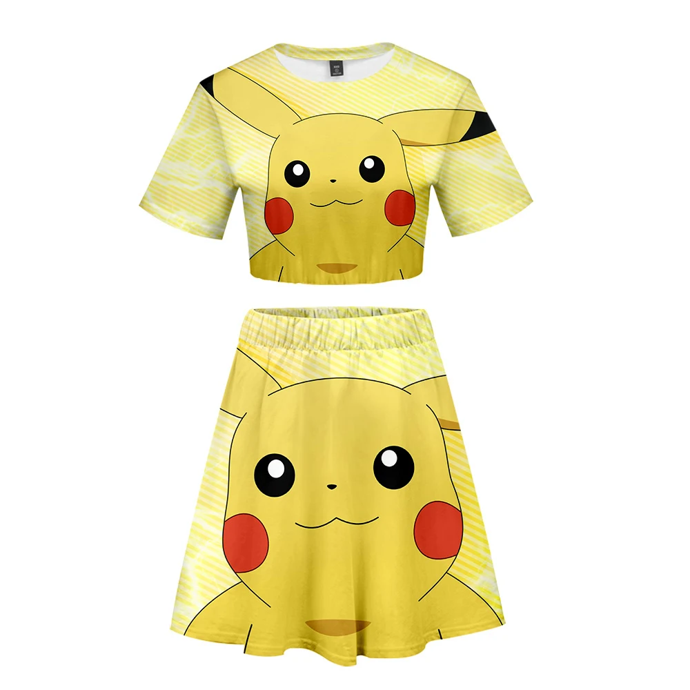 Pokemon Short skirt suit Hot 2 Short Sleeve T-shirt and Pokemon dress suit Two Piece High Quality Casual New Pokemon Sets