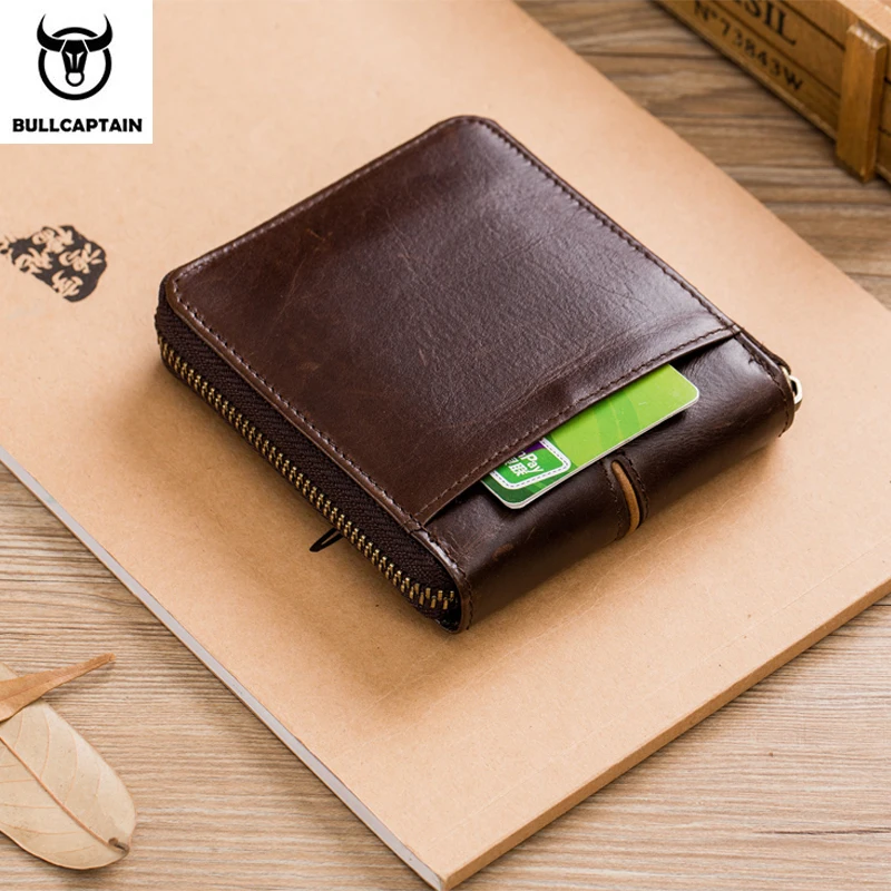 BULLCAPTAIN Genuine Leather Men's Wallet Vintage Zipper with Partition Clip RFID Credit Card Holder Burglar Leather Mini Wallet