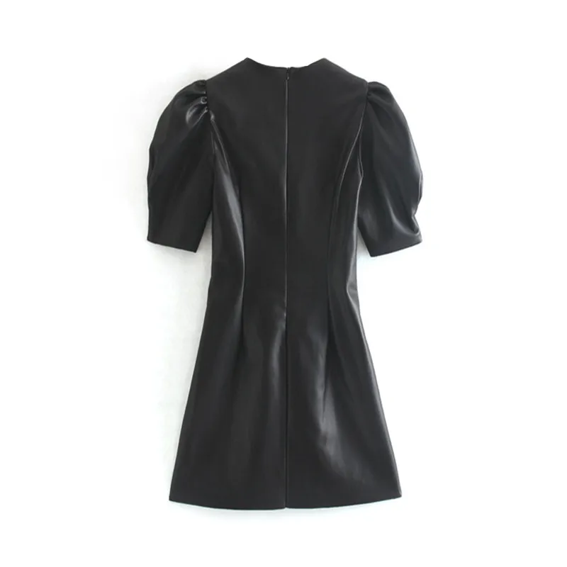Искусственный Кожаные модельные туфли Для женщин сексуальное Клубное платье слоеного короткий рукав облегающее вечерние платье Винтаж плиссированная Туника Черное мини-платье Vestidos