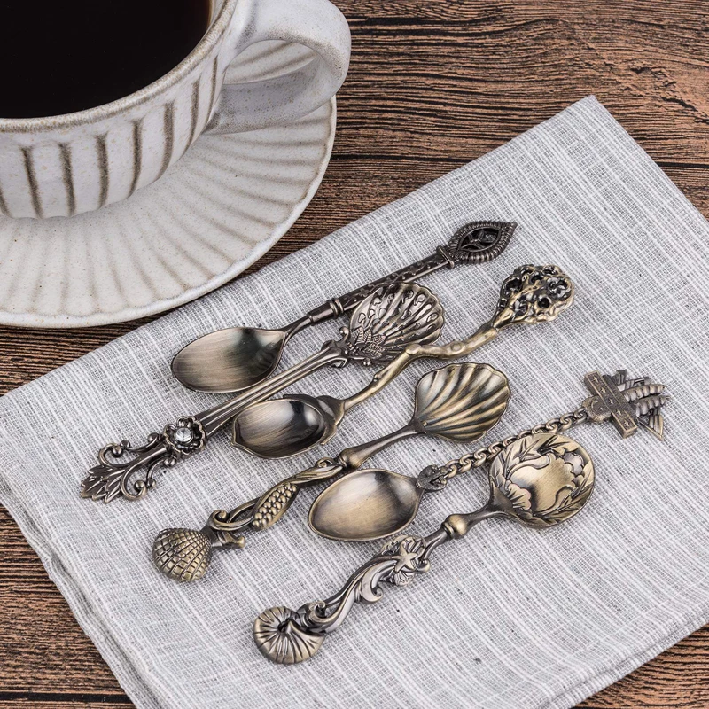 MR 5Pcs Vintage Royal Style Bronze Carved Small Coffee Spoon Kitchen Dining Bar Flatware Cutlery Mini Dessert Spoon For SnacK