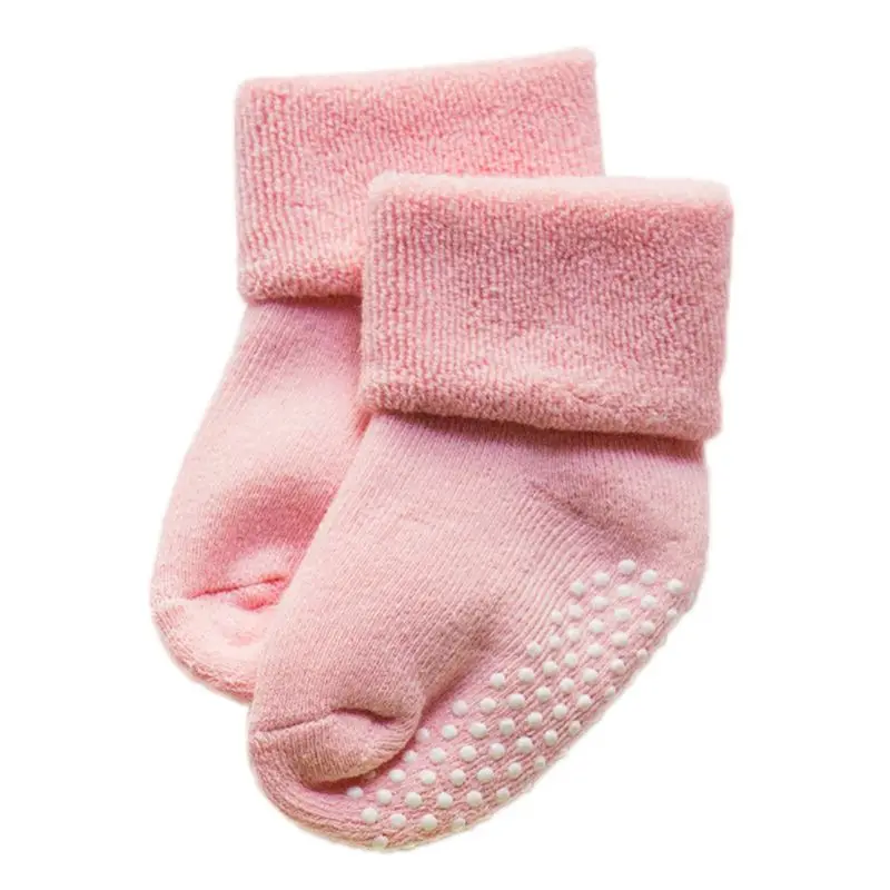 Pink 1 пара, 1 пара, Короткие нескользящие носки-тапочки в горошек с резиновой подошвой для малышей, малышей, Короткие махровые носки из чесаного хлопка, плотные однотонные теплые носки с манжетами - Цвет: Pink