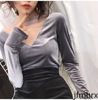

2020 Sexy Women Blouse Mesh Tops Plus Size Girl Solid Hollow Tops Feminina V-Neck Office Lady Blusas Female Shirts Jfmhrx 555