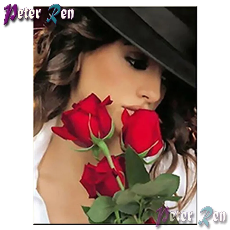 

DIY Diamond Painting Cross Stitch Woman in black hat with rose full Square\Round Embroidery Rhinestone picture home decoration