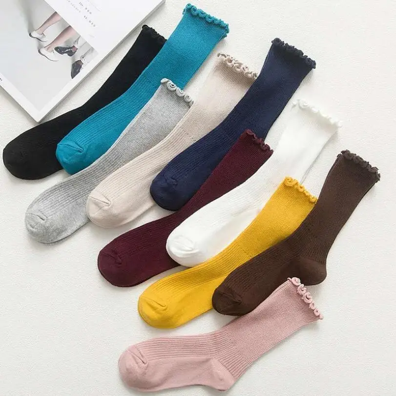 

Women Solid Cotton Ankle Socks Wrinkled Socks Girls Winter Short Sock Wrinkle Cuff White Pink Mustard Crew Sock 10 Pairs/lot