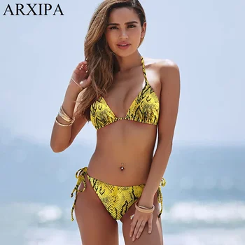 

ARXIPA Sexy Trangle Bikini Tie Side Women Swimsuit Bandage Swimwear Snake Print Beachwear Thong Padded Push Up 2020 New Hot