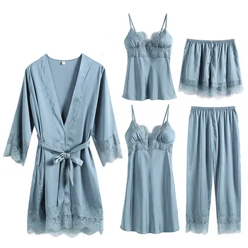 

5 Pieces Pajamas Women's Ice Silk Solid 5 different colors Straps Nightdress Suit Sexy Lace Home Service Female Pajamas Set