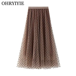 OHRYIYIE Autumn Winter Black Polka Dot Tulle Skirts Women 2023 New Casual Elastic High Waist A-line Skirt Female Mesh Mid Skirt