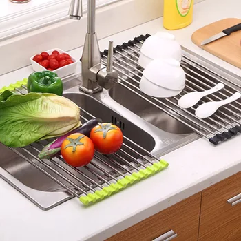 

Kitchen Sink Rack Dish Drying Rack Fruit Vegetable Bowl Drain Holders Roll Up Sink Drying Rack Stainless Foldable Kitchen Shelf