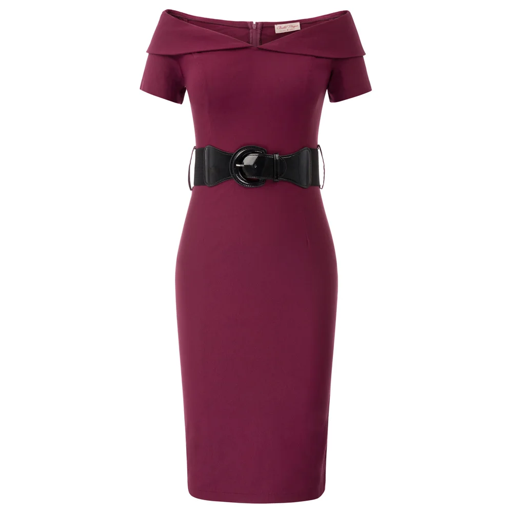Belle poque женское вечернее платье с открытыми плечами и поясом элегантное офисное платье для женщин до колена облегающее винтажное платье-карандаш - Цвет: Wine