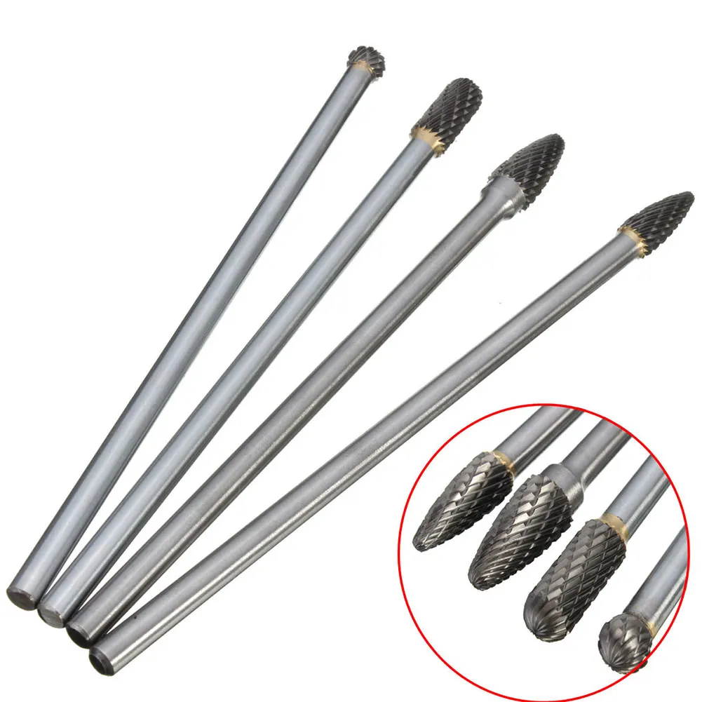 4Pcs Carbide Set Rotary Tool Safe Long Reach Milling Double Cut Polishing Bit Tungsten Steel Efficient Burr Professional
