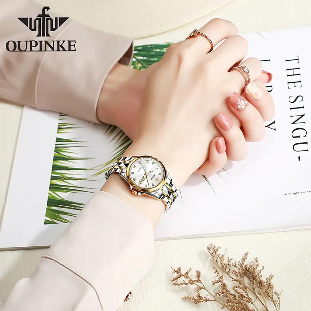 OUPINKE Top Luxury Women Wristwatch Automatic Mechanical Waterproof Watch Sapphire Mirror Tungsten Steel Watchstrap Lady Watches