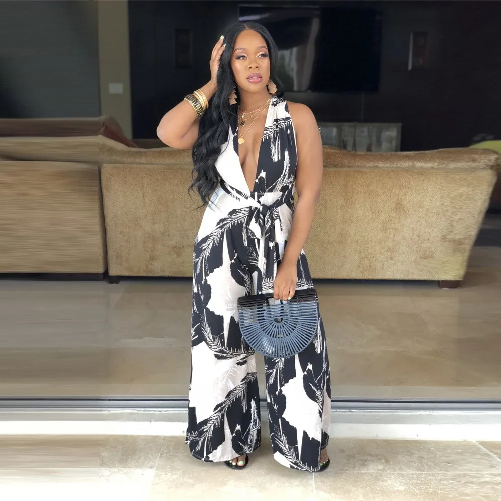 

Fashion V-Neck Sleeveless Wide Leg Jumpsuits Women Nice Summer Belted Backless Floral Print Jumpsuit Casual Loose Overalls