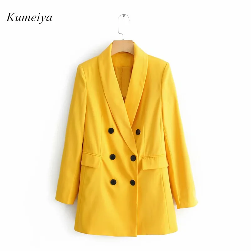 

Women Chic Yellow Blazer Pockets Bouble Breasted Long Sleeve Office Wear Coat Solid Female Casual Outerwear Tops 2019 Autumn