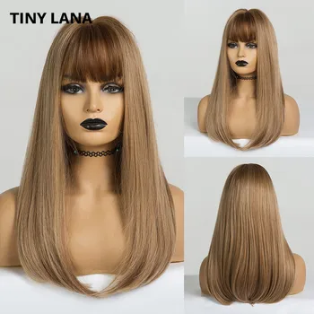 

TINY LANA ombre Straight Synthetic Wig Mixed Brown and Blonde Long Wigs for White /Black Women Middle Part Nature Wigs