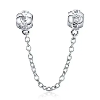 

Genuine 100% 925 Sterling Silver Romantic Heart Safety Chain Charm fit Women Charm Bracelets DIY Jewelry Making SCC736