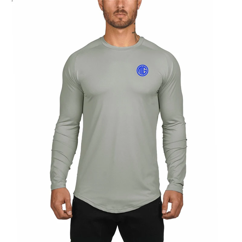 

New Mens Fitness O-Neck T-Shirt Brand Gyms Fashion Training Sporting Tshirts Workout Casual Mesh Fit Long sleeve T-shirt