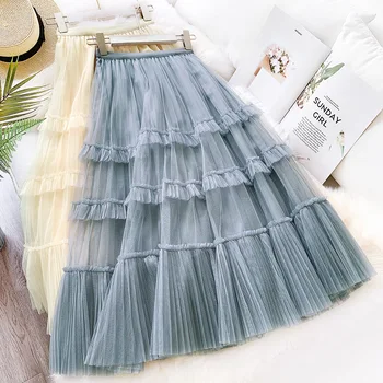 

New Korean Mesh Tulle Skirt Female WF0016 Summer Women Skirt Black White Long Pleated Swing Cake Skirt