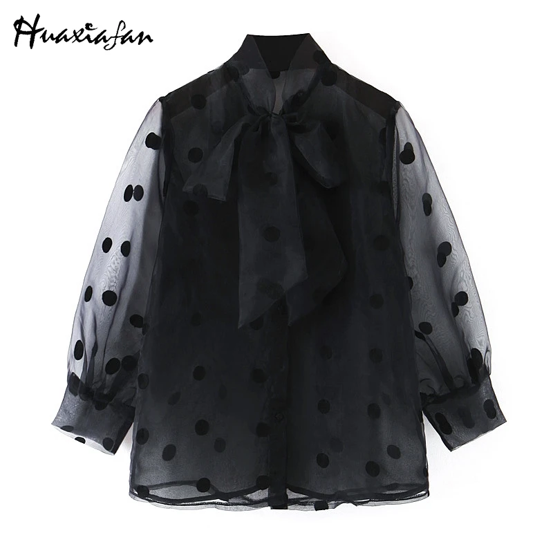 Huaxiafan, женская блузка, рубашки, черная органза, пэчворк, в горошек, блузка, сексуальная, прозрачная, бант, винта, блузка, рубашки, женские топы, новинка