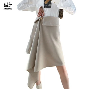 

AIMENUNU Casual Skirt For Women High Waist Ruched Asymmetrical Midi Skirts Female Korean Fashion Elegant 2020 Spring