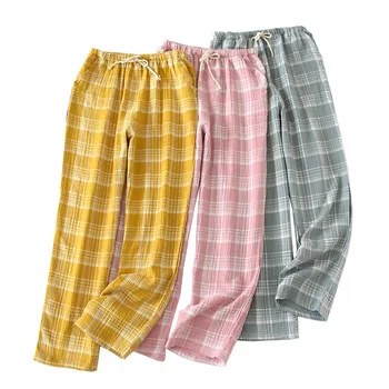 

2020 Spring And Autumn New Ladies Sleep Bottom Comfort Loose Crepe Cotton Women Thin Homewear Pants Plaid Sleep Pants For Femme