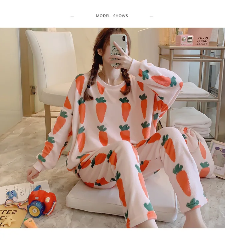 ladies pyjamas autumn/winter ladies flannel suit thickened 260g lovely girl carrot print home wear collection bag