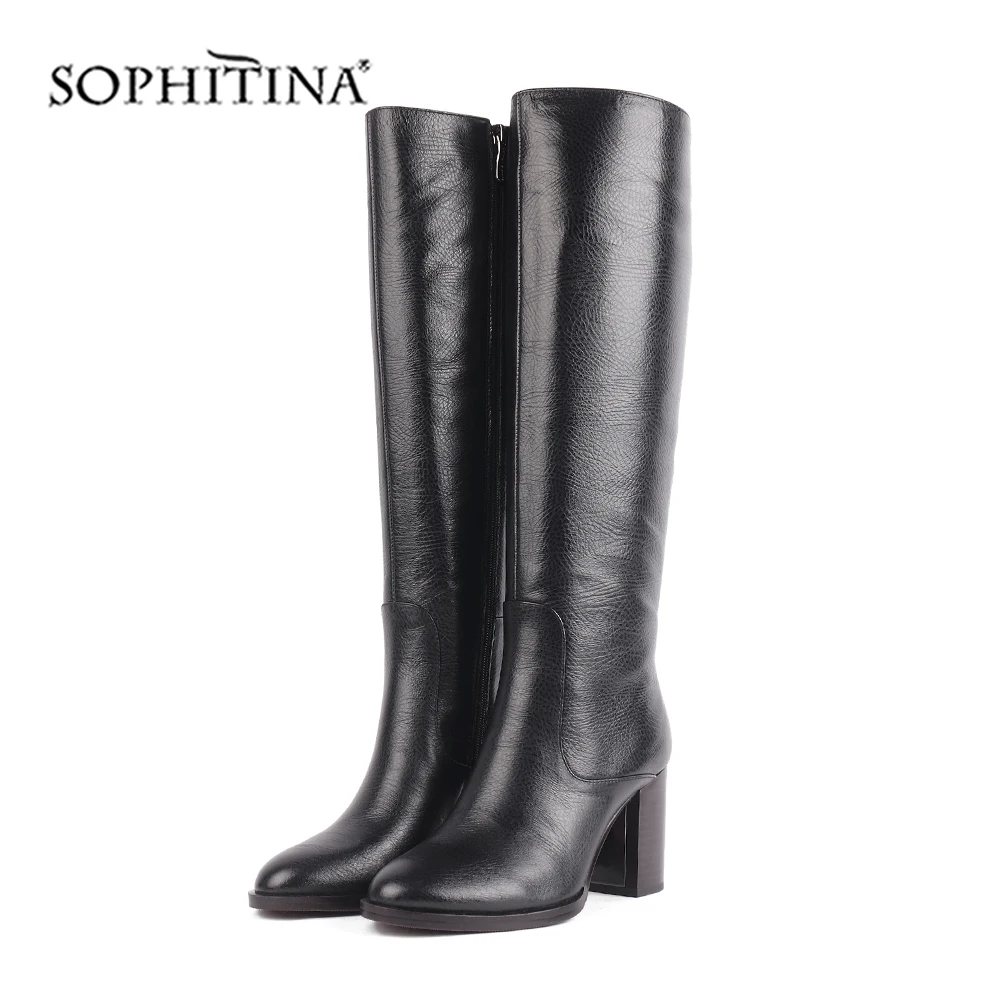 SOPHITINA/Новые сапоги до колена; удобная модная женская обувь с круглым носком на квадратном каблуке; сапоги из натуральной кожи; PC217