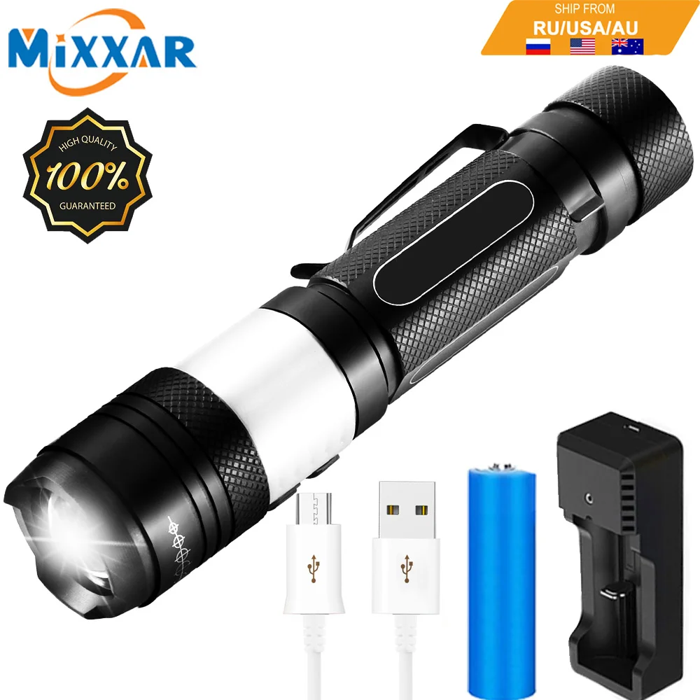 

EZK20 Dropshipping LED Tactical Rechargeable Flashlight T6 6 Mode Handheld USB Flashlights for Camping Hiking Cycling