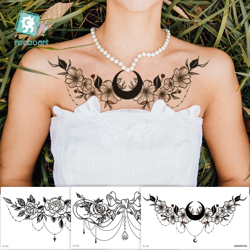 Rocooart  Sexy Chest Tattoo Large Magical Rose Flower Sternum Body  Art Paint Necklace Under Breast Cool Tattoo Women - Temporary Tattoos -  AliExpress