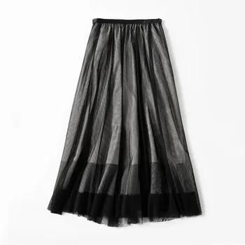 

2020 Spring Summer Women's Mesh Midi Skirt Elastic Waist Lace Multi-Layer A-line Skirt