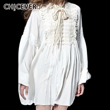 

CHICEVER Bandage Ruched Dress Female Stand Collar Lantern Sleeve Bowknot Embroidered Mini Dresses Women Autumn Fashion 2020