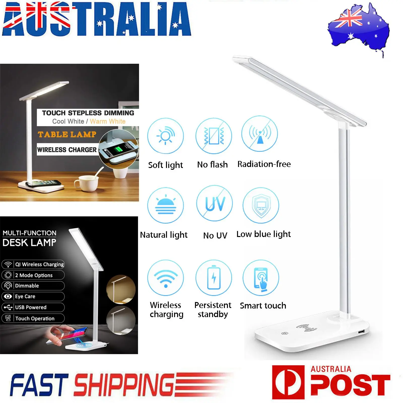 USB Charging LED Desk Table Lamp 5W Qi Wireless Phone Charger Night Reading Light Touch Switch Desk Lamps 3 Modes Desk