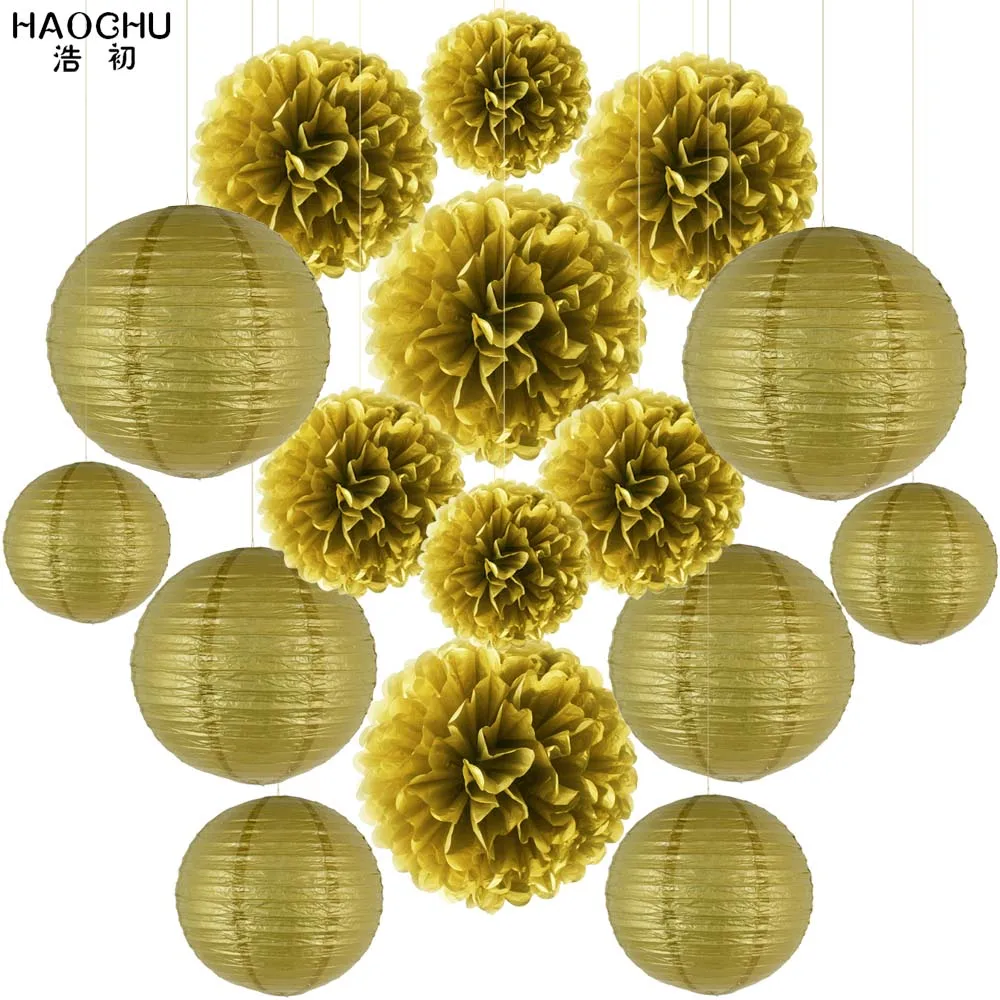 Gold 16 шт./лот Китайские бумажные фонарики фонарь ткань Pom Poms различные размеры круглые бумажные фонарики Свадебные подвесные украшения для вечеринки - Цвет: Gold