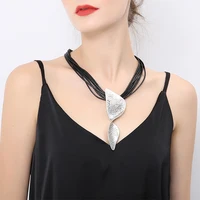 Amorcome Handmade Bohemian Multi Strand Leather Necklace Irregular Geometric Pendant Choker Necklaces Boho Jewelry Mothers Gift