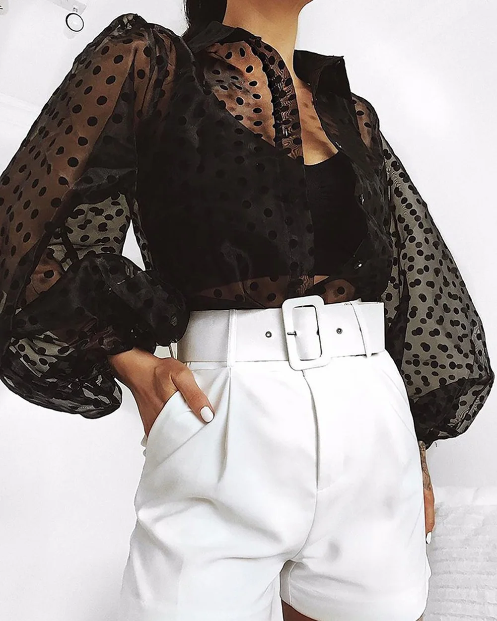 Модная женская летняя повседневная рубашка, черная прозрачная сетчатая блузка с длинным рукавом, топы, Клубная одежда 3EE