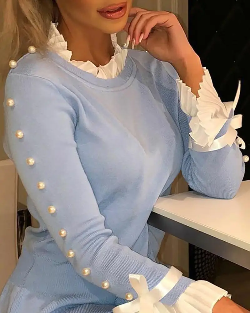 Günstig Elegante Bowknot Zugeknöpft Glocke Manschette Bluse Frauen Perlen Langarm Casual Bluse Tops Arbeitskleidung