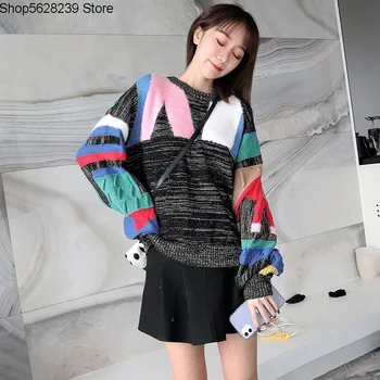

2020 European Goods Lazy Wind Geometry Bump Color Lamp Outside The Cage Sleeve Wear Loose Sweater Knitting Shirt Top Female
