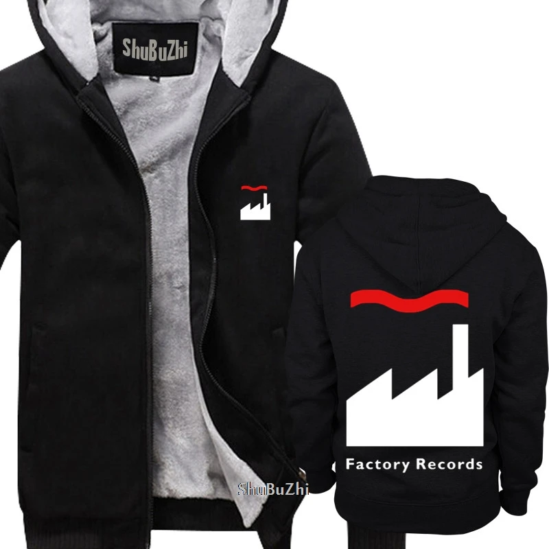 thick fleece Factory Records Retro Record Label shubuzhi men winter padded zipper sweatshirt fashion print hoodies cool hoody - Цвет: thick black