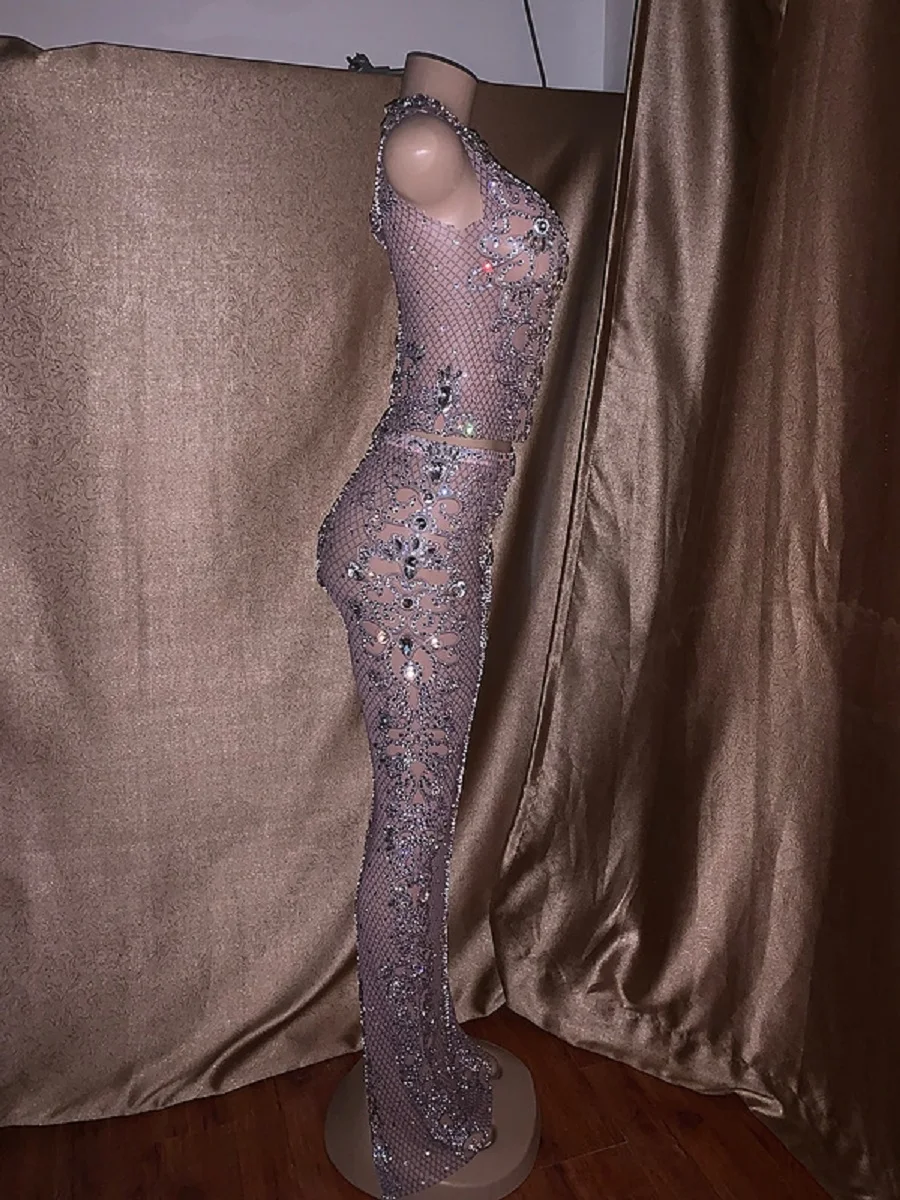 Women Sexy Rhinestones Boycon Strech Dance Show Dress Birthday Party Celebrate See Through Perspective Evening Dresses Costumes