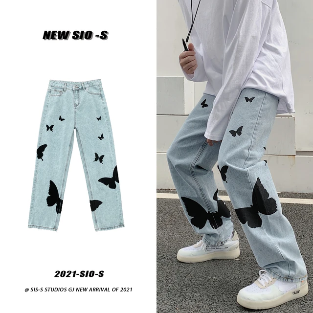 Butterfly Print Jeans Men Pants Loose Baggy Jeans Casual Denim Pants  Streetwear Straight Fashion Trousers Clothing Vintage - Jeans - AliExpress