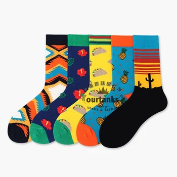 

Harajuku Designer Brand Novelty New Arrival Men Crew Socks Pineapple Pizza Flowers Cactus Pattern Hip Hop British Style Casual