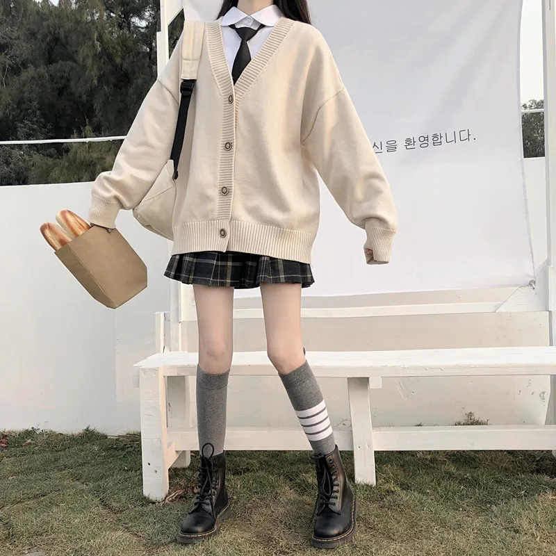 Japanese fashion College jk Loose V-neck Cardigan New Sweater Female Outer Wear JK Sweater Coat japanese school uniform