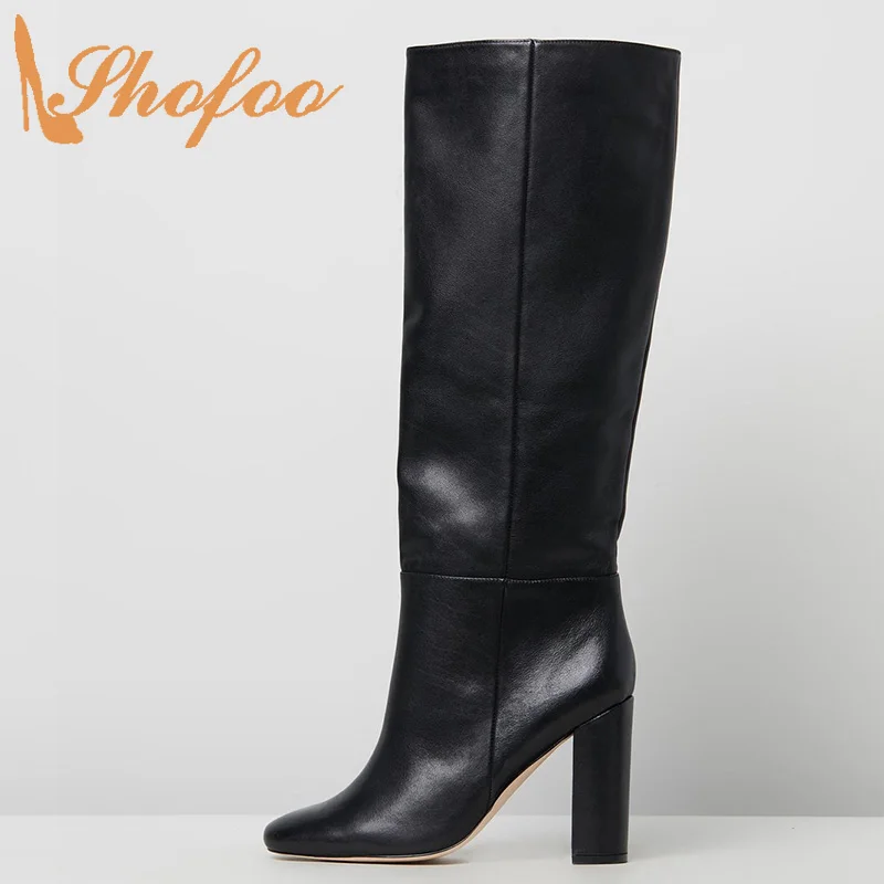 

Shofoo Fashion Black Slip On Knee High Boots Chunky Heel Round Toe Shoes Large Size 13 15 For Ladies Winter Mature Sexy Botas