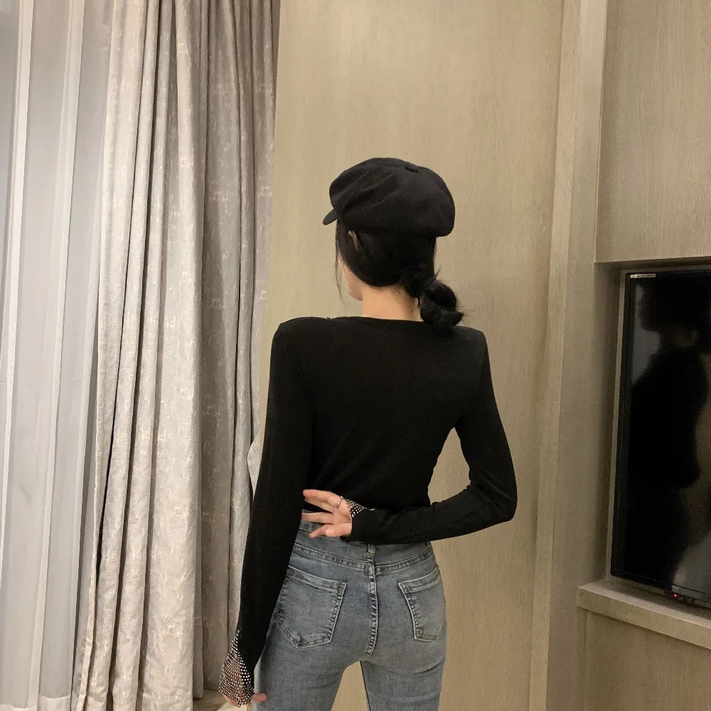 WHITNEY WANG футболка Весенняя модная уличная одежда прозрачная Бриллиантовая сетка Лоскутная бархатная футболка женская футболка Женские топы